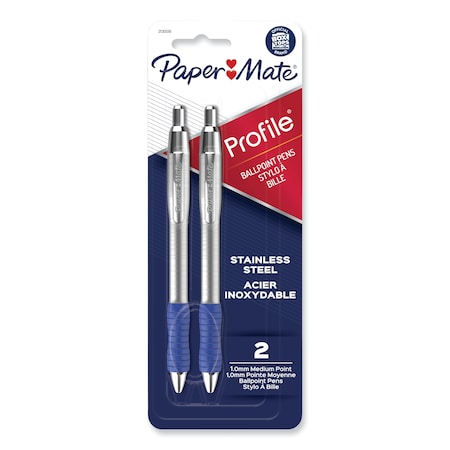 PAPER MATE Profile Ballpoint Pen, Retractable, Medium 1 mm, Blue Ink, Blue/Silver Barrel, PK2, 2PK 2130519